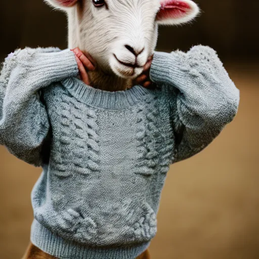 Image similar to lamb wearing a sweater!!!, canon eos r 3, f / 1. 4, iso 2 0 0, 1 / 1 6 0 s, 8 k, raw, unedited, symmetrical balance, in - frame