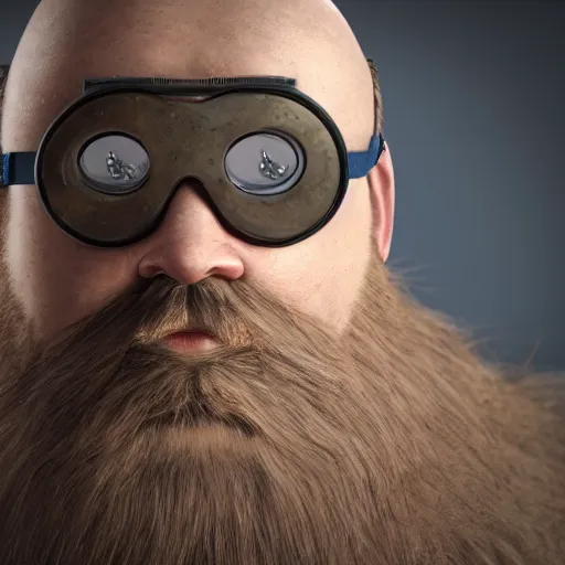 Image similar to highly detailed octane render of a close up portrait of an ugly man with a beard wearing goggles and armour and looking concerned in a cave