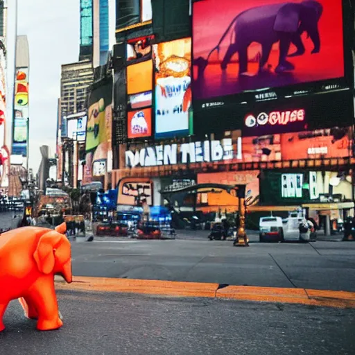 Prompt: an orange elephant on a skateboard in times square at sunset