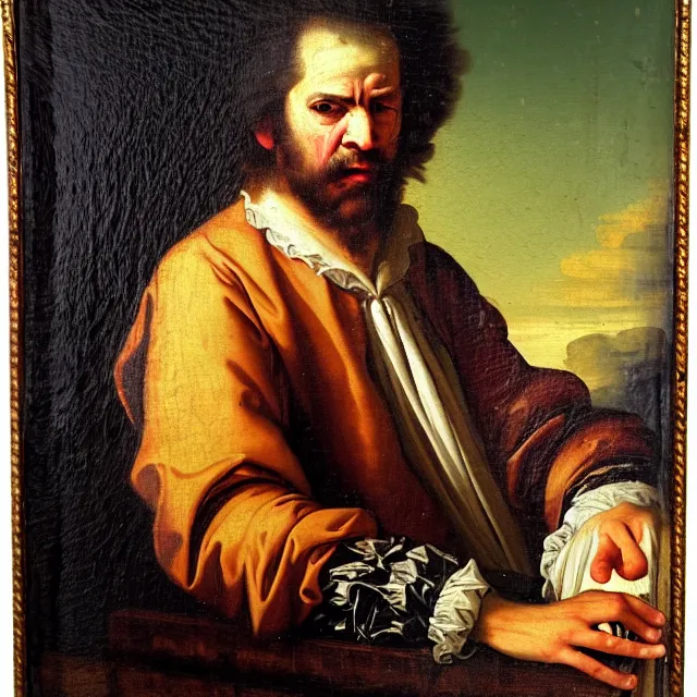 Image similar to baroque portrait painting of disheveled pensive nobleman sorcerer painter