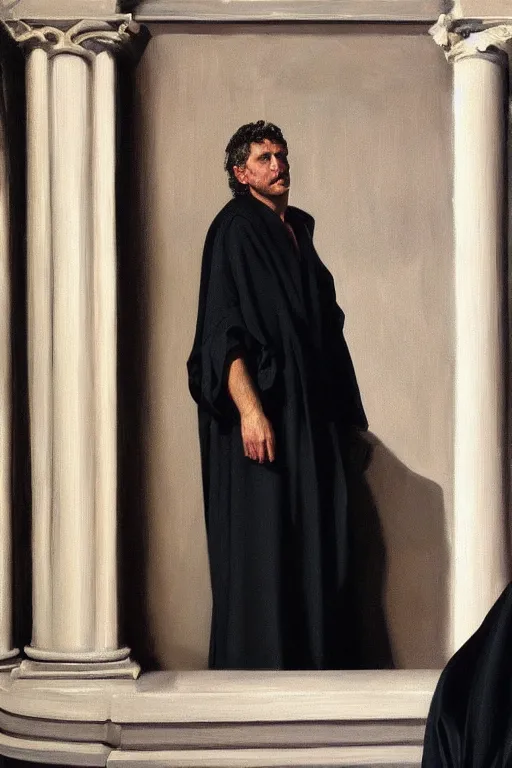 Prompt: hyperrealism oil painting, close up fully clothes in black reflect robe man figure, standing near gigantic classical arches, in style of classicism mixed with 8 0 s sci - fi hyperrealism