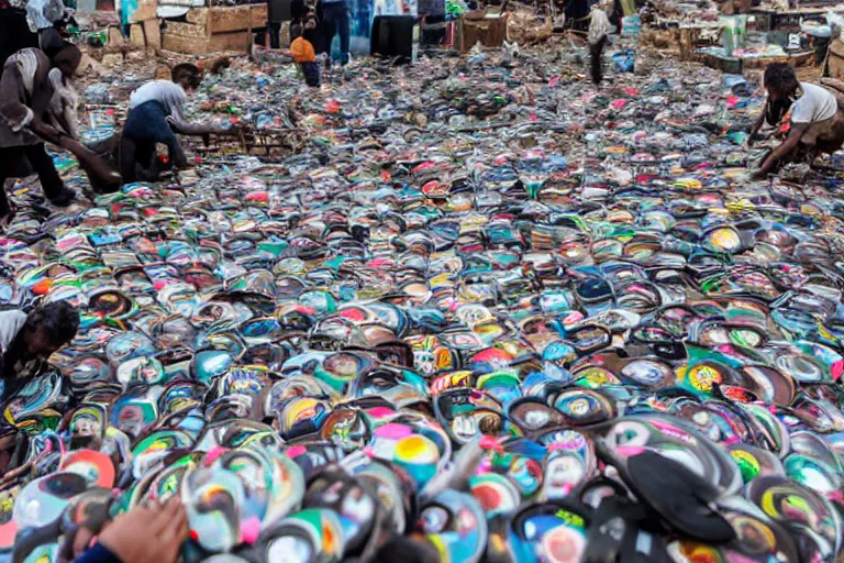 Prompt: sugondese people sorting a giant pile of compact discs