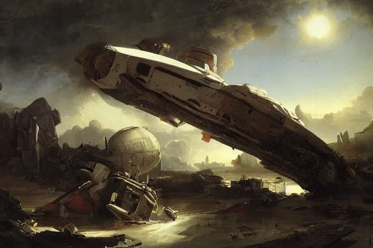 Image similar to starship painting spaceship crashed by hubert robert detailed