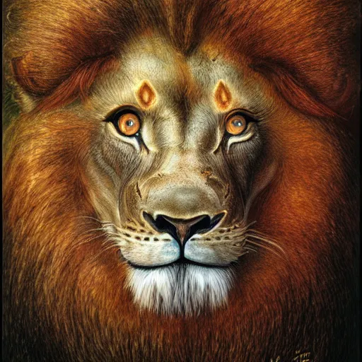 Image similar to detailed and sharp lion artwork, mystic style, detailed, 8 k, detailed, symmetrical, by brian froud