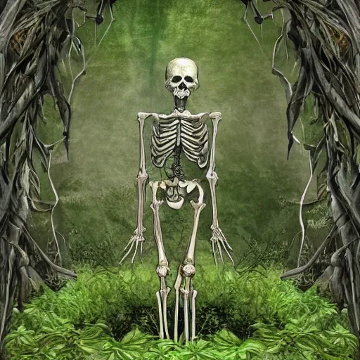 Image similar to a gigantic ethereal godlike skeletal being at the edge of a city, ancient, covered in overgrown leaves and vines and plants, hdr, digital art, dramatic composition