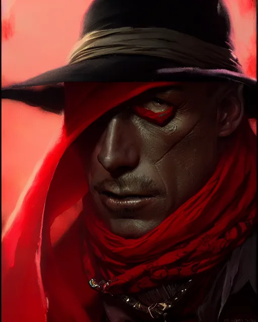 Prompt: mysterious lamont cranston, the shadow, black wide brimmed hat, red scarf across his face, pulp character portrait, ultra realistic, concept art, intricate details, highly detailed by greg rutkowski, gaston bussiere, craig mullins, simon bisley