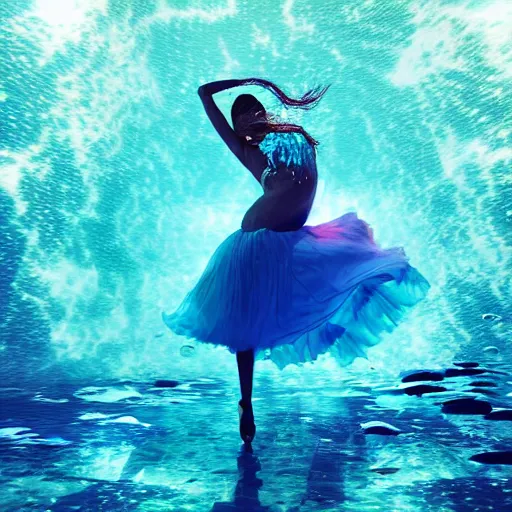 Image similar to woman dancing underwater wearing a flowing dress made of blue, magenta, and yellow seaweed, delicate coral sea bottom, swirling silver fish, swirling smoke shapes, octane render, caustics lighting from above, cinematic, hyperdetailed