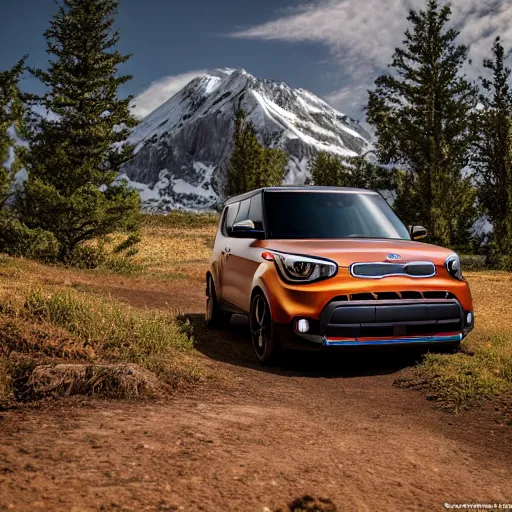 Image similar to Kia Soul, Professional Photography, Lifted, Big Tires, Skyrim, Rock Crawling, Mountain landscape, dirt, road, cinematic color, photorealistic, highly detailed wheels, highly detailed