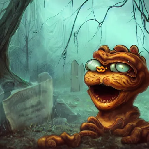 Image similar to an eldritch lovecraftian garfield crying at a overgrown and abandoned grave trending on artstation deviantart pinterest photorealistic hd 8 k highlights and shadow detailed high resolution