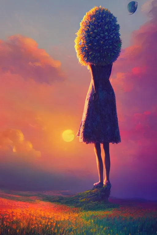 Image similar to giant corn flower head, girl walking on the moon, surreal photography, sunrise, dramatic light, impressionist painting, colorful clouds, digital painting, artstation, simon stalenhag