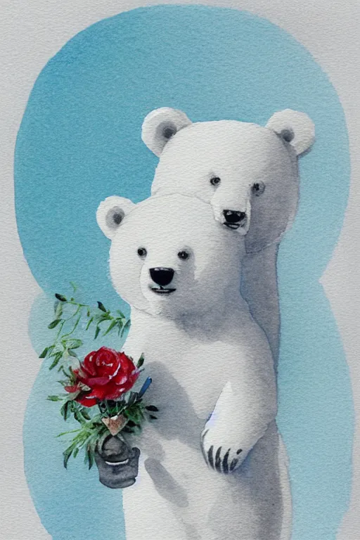 Prompt: a cute anime polar bear holding a porcelain vase, watercolor, white background, lovely