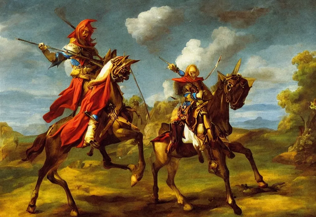 Prompt: a valiant knight on his way to adventure | high fantasy, colorful | Hyacinthe Rigaud