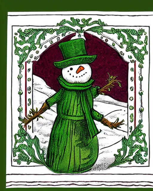 Prompt: traditional victorian snowman illustration greeting card design in maroon and moss green inspired by walter crane, intricately detailed with ultra - hd focus, exquisite, on flat matter crisp paper