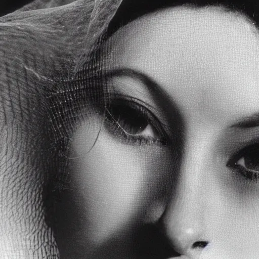 Prompt: A close up of a woman with her hands pressed against a fine mesh, Man Ray, The Veil