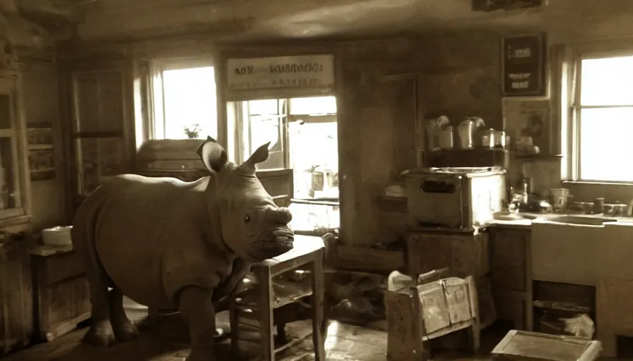 Image similar to a rhinoceros in a stalinist style kitchen, by mini dv camera, very very low quality, heavy grain, very blurry, accidental flash, webcam, caught on trail cam