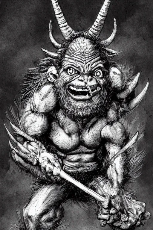 Image similar to hunched troll with a horn on his head, fantasy, highly detailed, digital art, sharp focus, trending on art station, kentaro miura manga art style