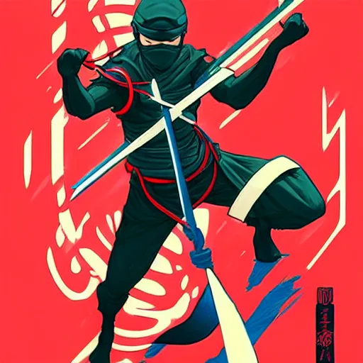 Image similar to concept art design illustration, ninja!!!, 1 6 colors, logo, ink drawing, art by jc leyendecker and sachin teng