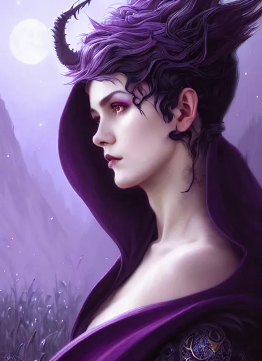 Image similar to side portrait beautiful young female model, witchy outfit large cloak, fantasy forest landscape, dragon scales, fantasy magic, undercut hairstyle, short purple black fade hair, dark light night, intricate, elegant, sharp focus, illustration, highly detailed, digital painting, concept art, matte, art by wlop and artgerm and greg rutkowski and alphonse mucha, masterpiece