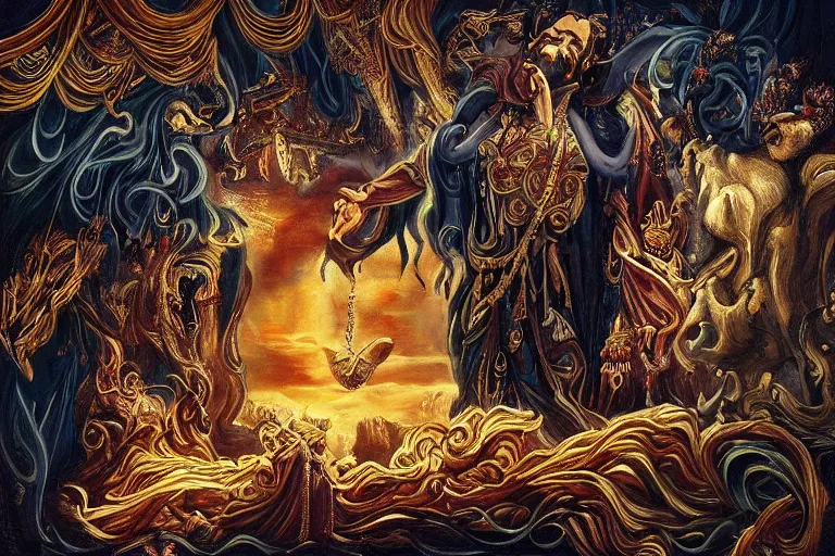 Image similar to the majestic god of life meets the mysterious god of death, scene from an animated film, dramatic, cinematic shot, beautiful stunning painting, high contrast, ornate and intricate designs, amazing landscape