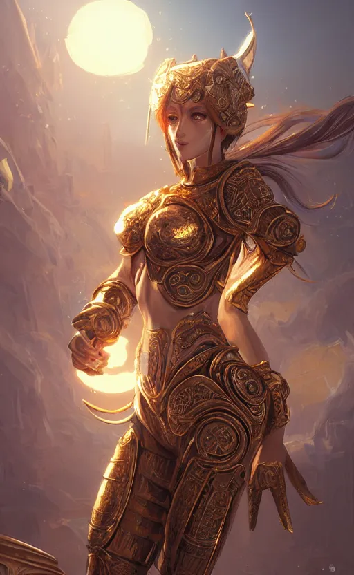 Image similar to portrait knights of zodiac girl, golden and copper shining armor, in ruined agora of athens sunrise, ssci - fi and fantasy, intricate and very very beautiful and elegant, highly detailed, digital painting, artstation, concept art, smooth and sharp focus, illustration, art by tian zi and wlop and z - - ed and ilya kuvshinov