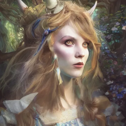 Image similar to close up portrait of alice in wonderland, magical forest, dramatic lighting, high detail, painted, by greg rutkowski, painted by stanley artgerm, trending on artstation