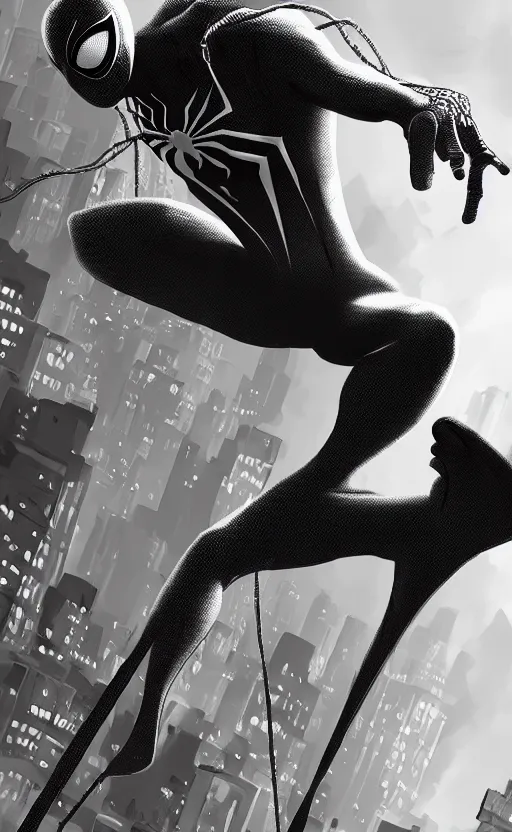 Prompt: spiderman noir, dynamic lighting, photorealistic fantasy concept art, trending on art station, stunning visuals, creative, cinematic, ultra detailed