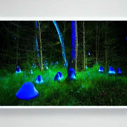 Image similar to blue glowing jello mushrooms in a mystical forest, firefly exposure trails in foreground, high detail