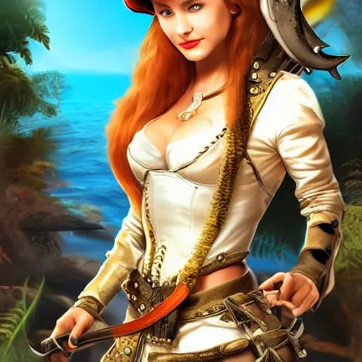 Image similar to a beautiful female swashbuckling pirate with shark skin, intricate, luminous,