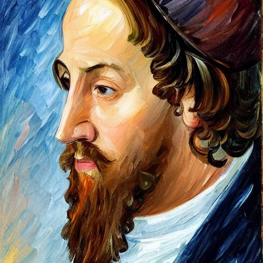 Image similar to portrait of a medieval nobleman with a long face, long brown hair and a closely - trimmed beard which is beginning to go grey. by leonid afremov