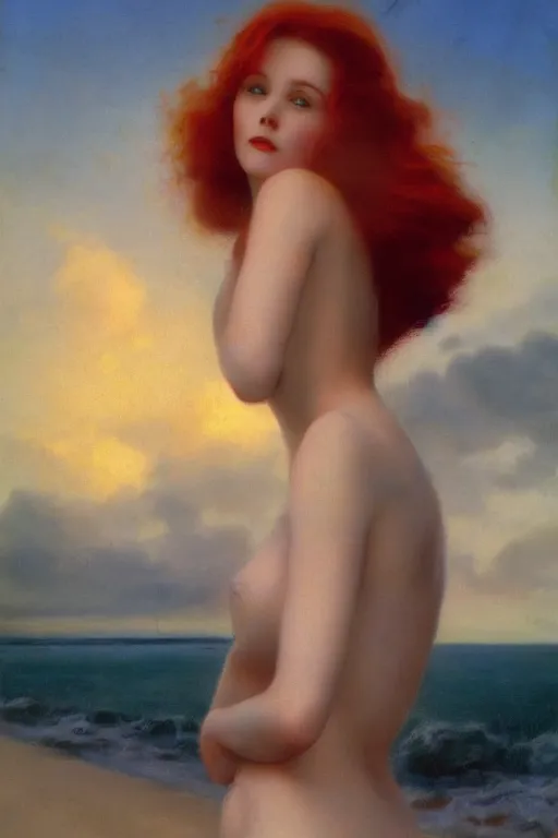 Image similar to a red haired young girl beach surreal, sunrise, dramatic light, vittorio matteo corcos