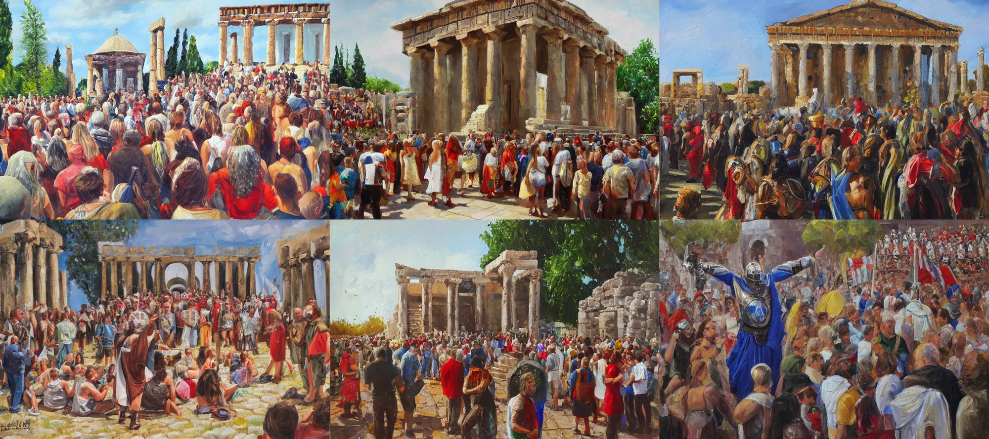 Prompt: brian blessed in armour outside a greek temple, oil painting, festival, lots of people