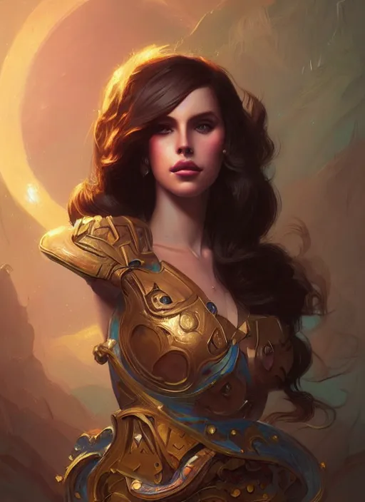 Image similar to beautiful humanoid android, lana del rey, d & d, fantasy, intricate, elegant, highly detailed, digital painting, artstation, concept art, matte, sharp focus, illustration, hearthstone, art by artgerm and greg rutkowski and alphonse mucha