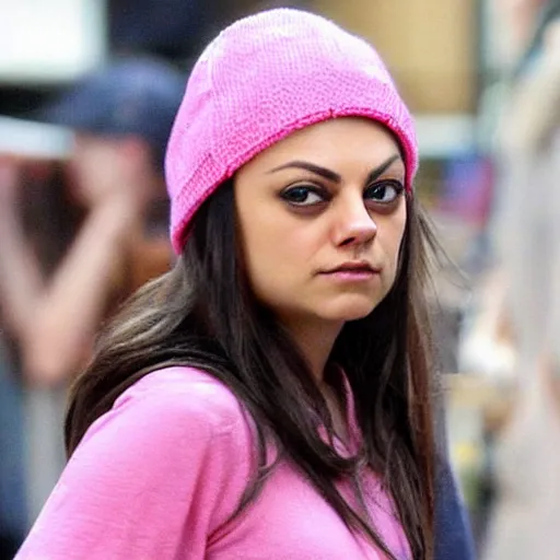 Prompt: !!!!Mila Kunis, wearing a pink beanie cap and pink shirt and large oval !!!!eyeglasses