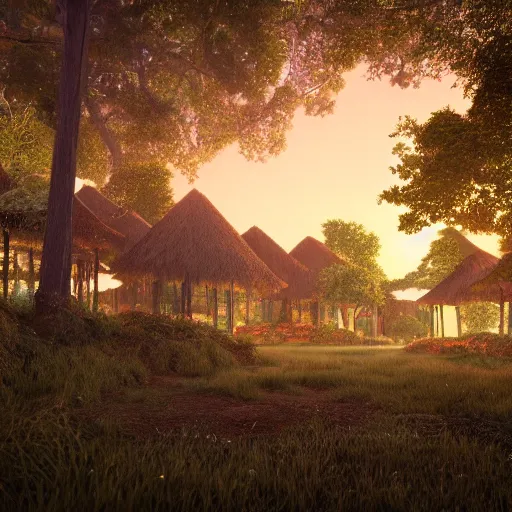 Prompt: highly detailed octane render of a forest village at twilight
