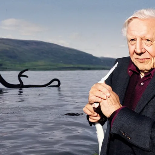 Prompt: Sir David Attenborough at a lake, with Loch Ness Monster Nessie plesiosaur in the water