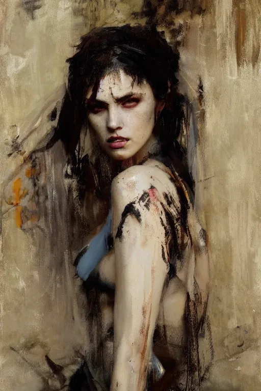 Image similar to Richard Schmid and Jeremy Lipking and simon bisley full length portrait painting of a young beautiful priestess woman