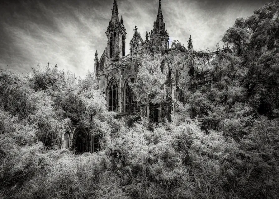 Image similar to abandoned cathedral with overgrown vegetation, vintage infrared photograph