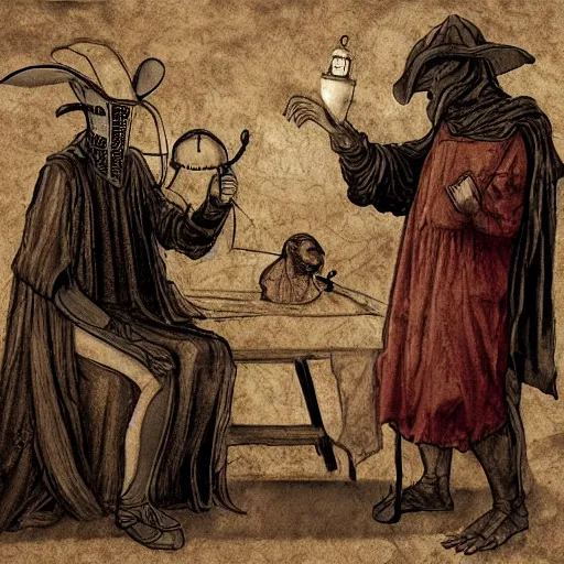 Prompt: leonardo davinci and a plague doctor hosting a podcast, intricate, highly detailed, comic book and renaissance art style, 4 k, concept art, table with microphones