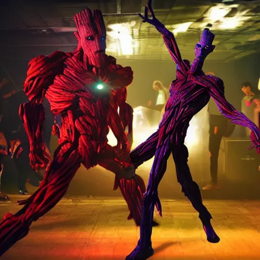 Image similar to groot and optimus prime dancing at techno party among people, wide shoot, after effect ultra realistic 3 d