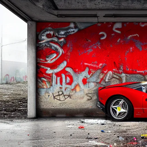 Prompt: hyper detailed and photorealistic, red ferrari, dust, humus, wet street, graffiti on wall, trash scattered, abandoned car garage, 8 k, uhd, after rain, cinematic