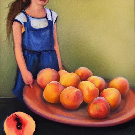 Prompt: girl in the background, table and plate of peaches in the foreground, natural light, oil painting style,