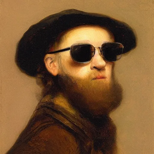 Prompt: a portrait o a hipster with sunglasses painted by rembrandt.