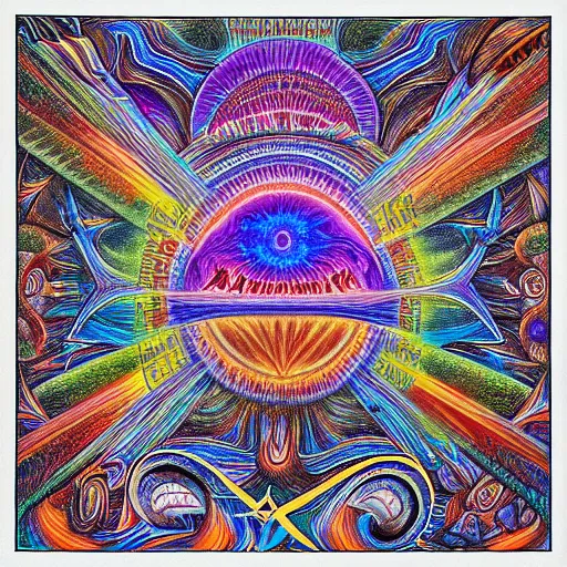 Prompt: a DMT trip about discovering the Theory of Everything, drawn by Alex Grey, highly detailed and colored, trending on artstation