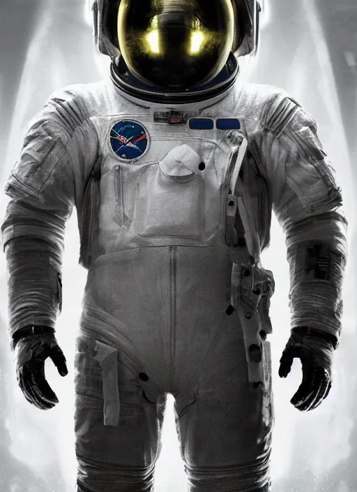 Image similar to complex poster by craig mullins astronaut in futuristic dark and empty spaceship underwater. infrared glowing lights. complex and hyperdetailed technical suit. reflection and dispersion materials. rays and dispersion of light. volumetric light. 5 0 mm, f / 3 2. noise film photo. flash photography. unreal engine 4, octane render. interstellar movie art