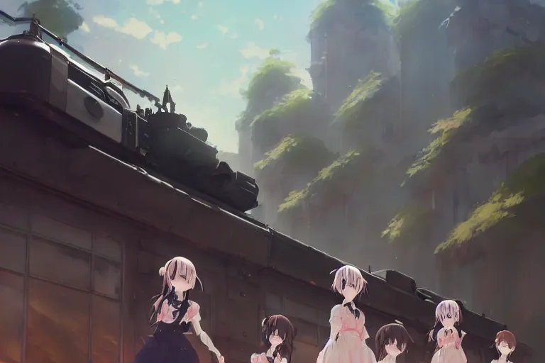 Image similar to anime key visual concept art of fantasy rail canon tank with anime maids, trending on artstation, brush strokes, oil on canvas, style of kawacy and makoto shinkai and greg rutkowski