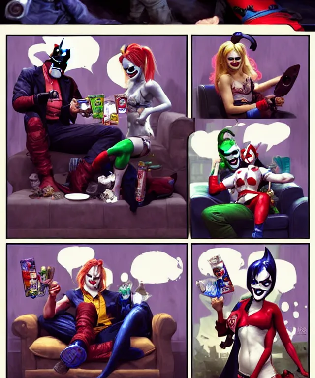 Prompt: Caricatures of Harley Quinn, Heath Ledgers Joker and Batman, playing video games on a couch together, Harley Quinn is winning, mum brings in milk and cookies. fun, funny, highly detailed, digital painting, artstation, concept art, smooth, sharp focus, illustration, art by artgerm and greg rutkowski and alphonse mucha