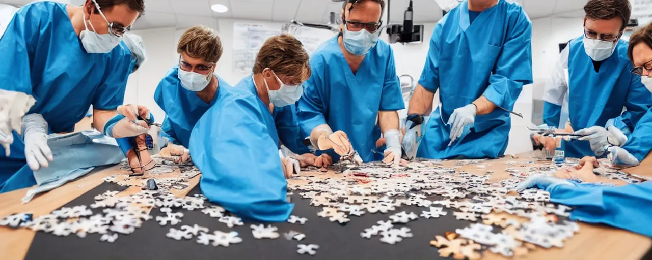 Prompt: a group of surgeons performing an operation on a jigsaw puzzle on a table