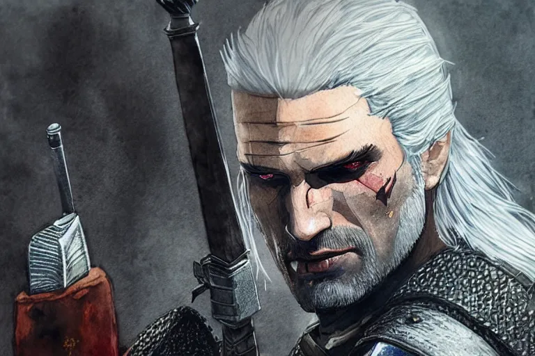 Image similar to a watercolour of Geralt from The Witcher by Josepth zbukvic