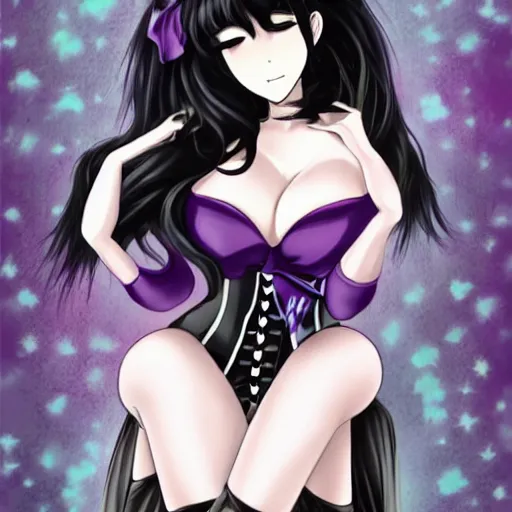 Prompt: a beautiful anime woman with long black hair, wearing a black corset top and a purple tutu, art by Steve Argyle