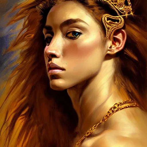 Image similar to highly detailed portrait of a majestic lioness queen in the form of a beautiful woman. d & d. art by eugene delacroix and james gurney. trending on artstation, intricate details, energetic composition, golden ratio, concept art, illustration, elegant art, global illuminaition